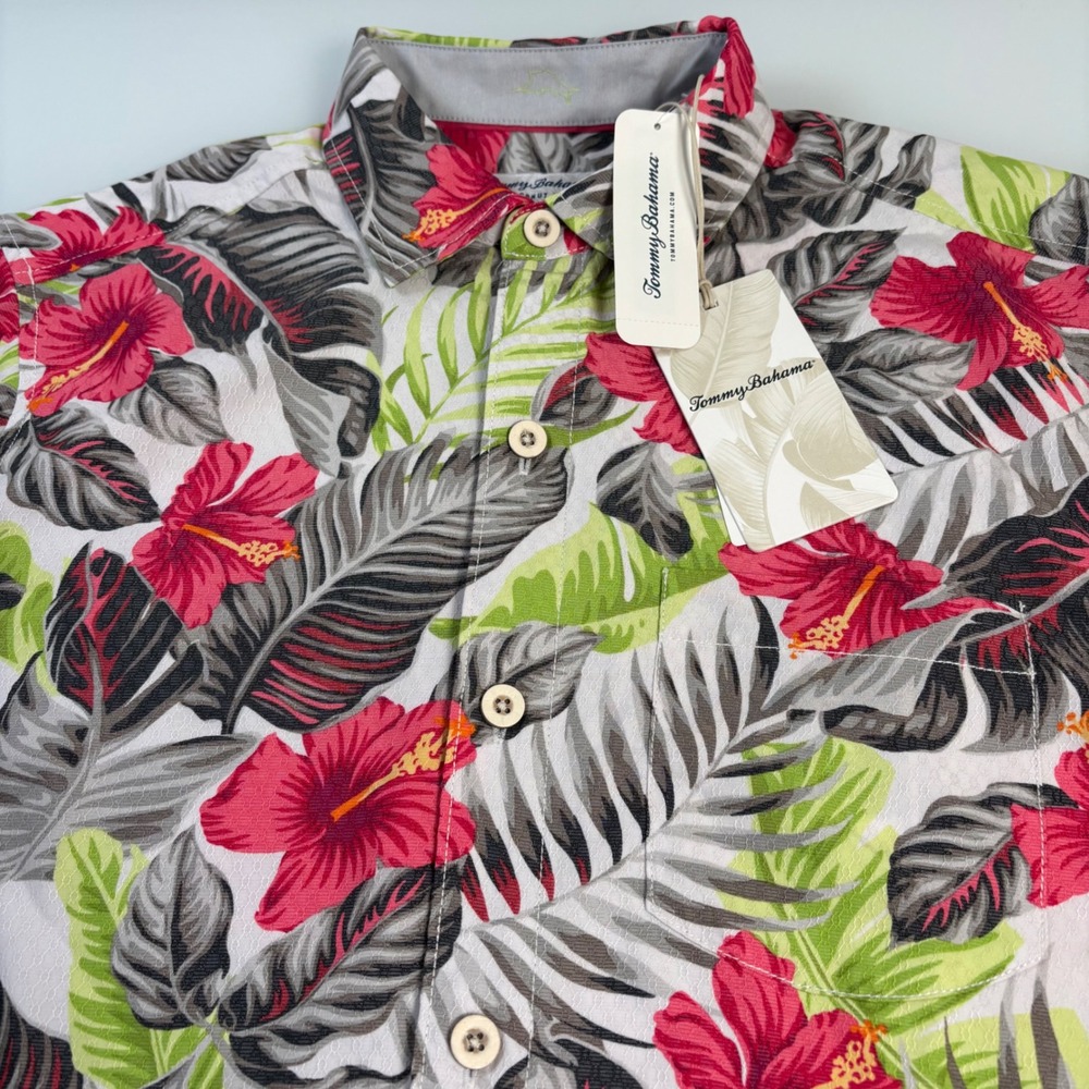 Tommy Bahama Mens Small Grey Pink Floral Hibiscus Shores Button Shirt New Casual